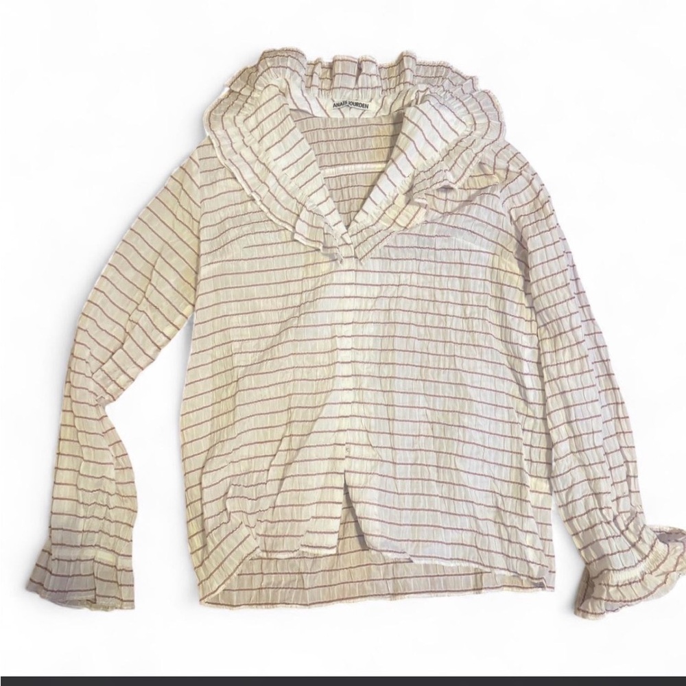 Ruffled V-Neck Striped Blouse - Cream with Brown Stripes